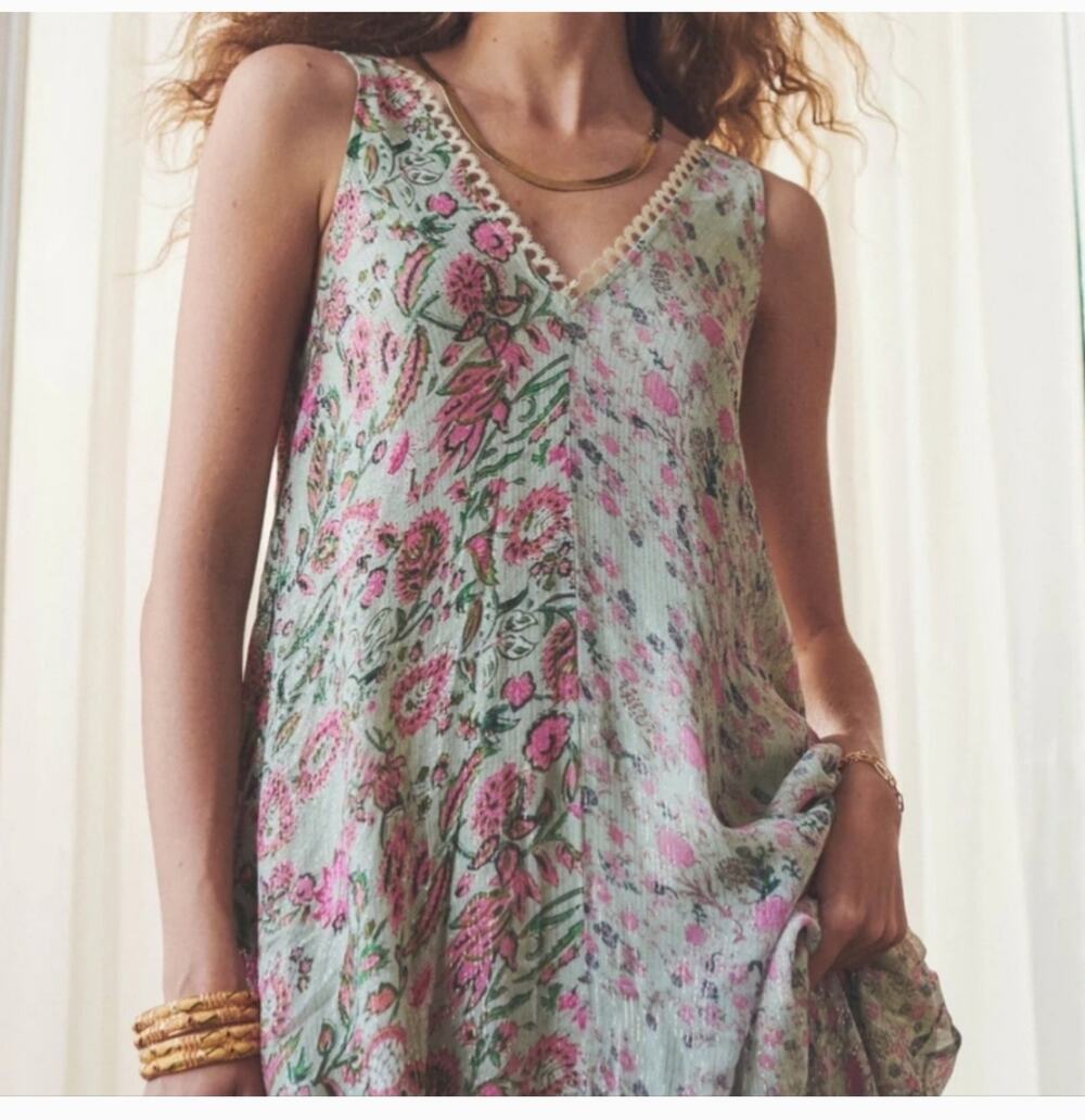 Hemant & Nandita (Revolve) Nina Green Pink Sparkly Floral Midi Dress, Size XS